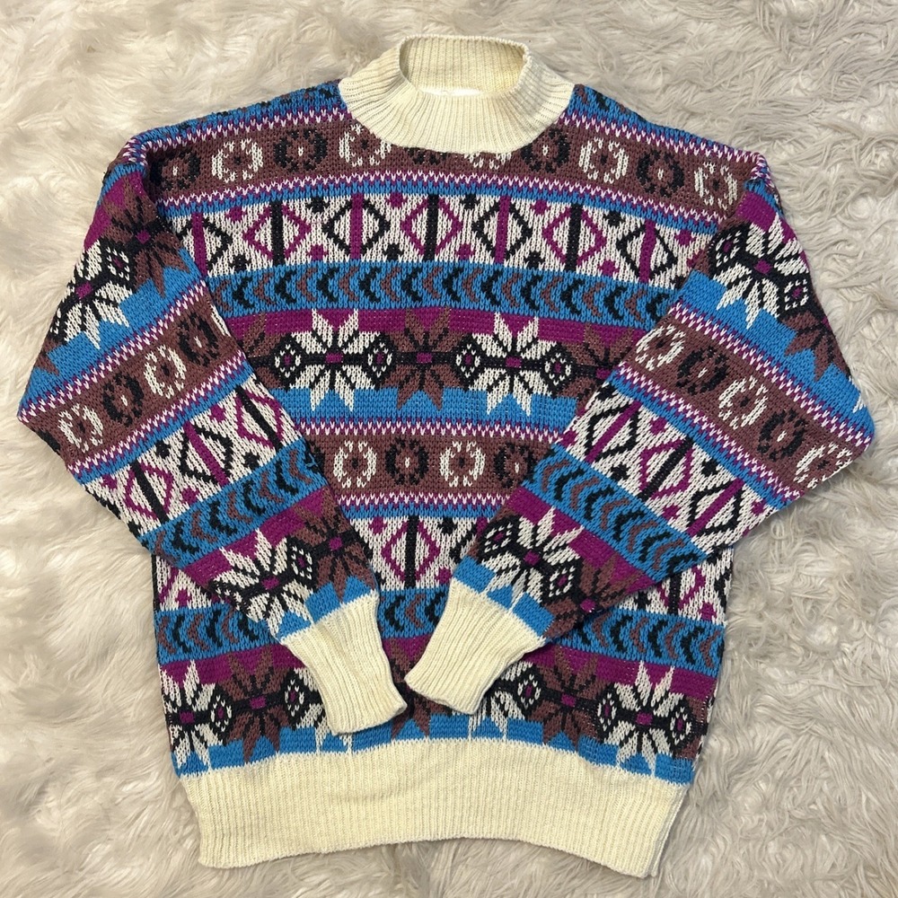Open House Acrylic Pink Purple Blue Geometric Striped Snowflake Knit Sweater L